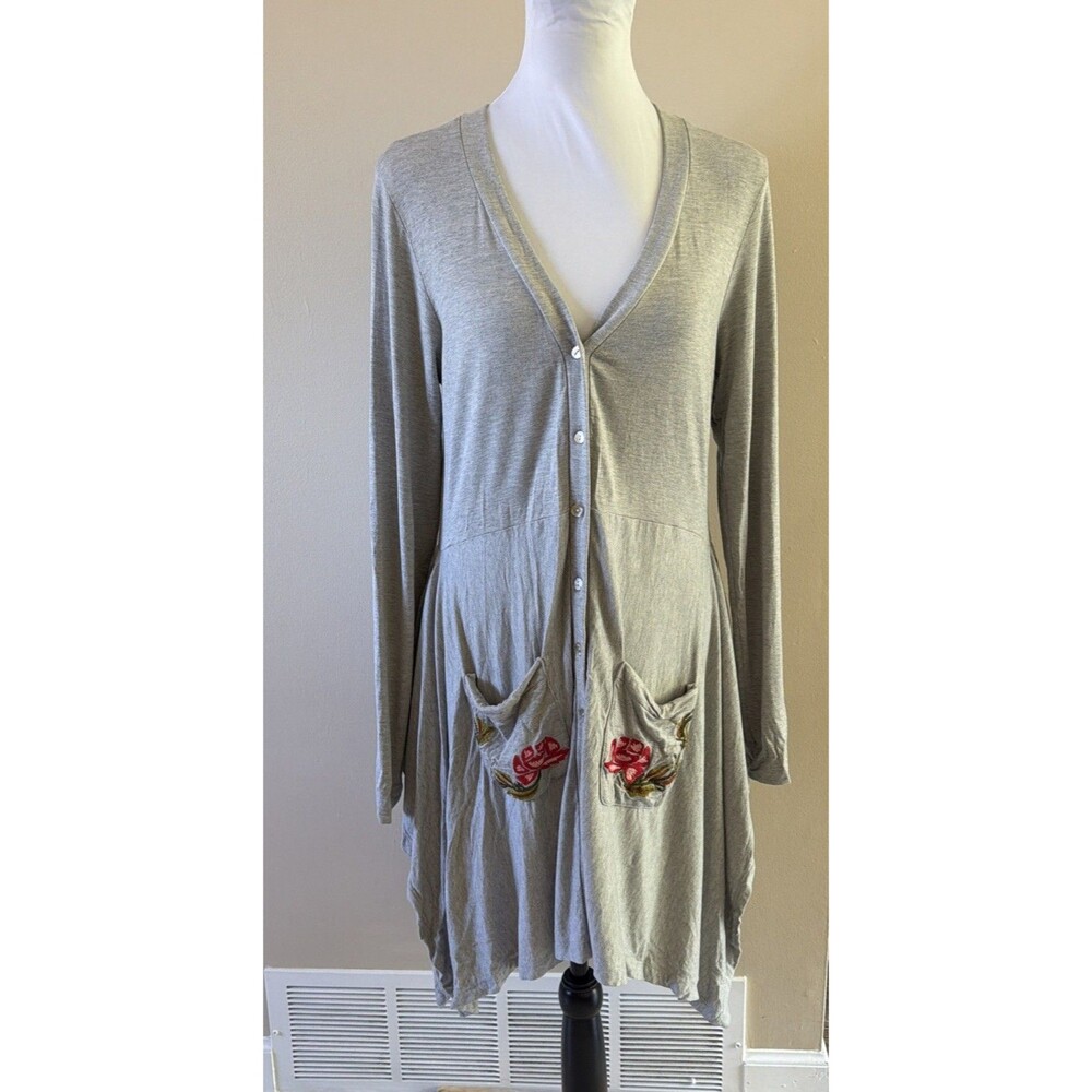 Caite Women's S Grey Lagenlook Cardigan Embroidered Floral Lightweight Jacket